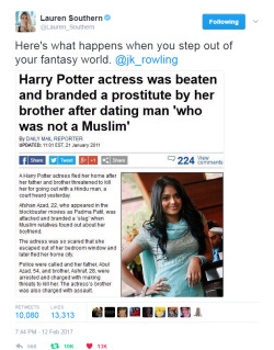 never-let&ndash;it-die:  blitzkriegfritz:  awhiffofcavendish:Holy shit.  Her name is Afshan Azad, she played the role of Padma Patil and she dared to date a Hindu man. They called it “an unpleasant assault” and of course her father and brother who