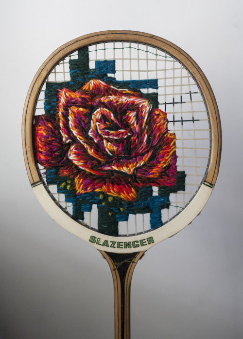 itscolossal:  Flowers Embroidered on the Strings of Vintage Rackets and Other Thread Artworks by Danielle Clough