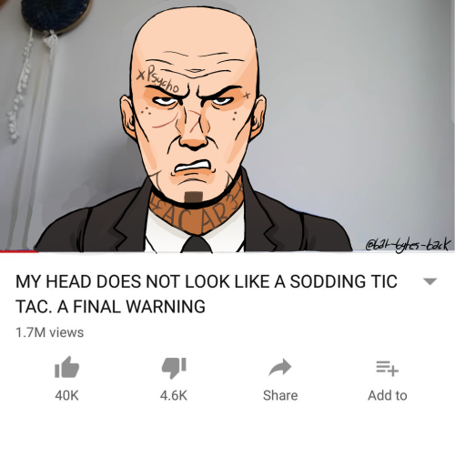 ditto, but the bald man is in a suit and has multiple tattoos. one above his brow with "psycho" written on it, one on his neck saying "ACAB" with a spider web around it, and various dots around his face.