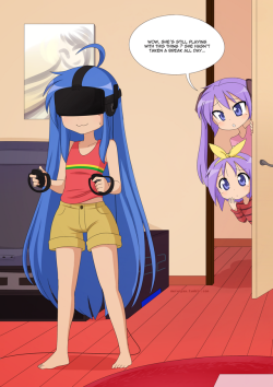 merunyaa:   I’ve always liked the idea of gamers avoiding toilet breaks by using diapers or peeing in bottles. Lucky Star’s Konata is perfect for such a situation :3  My idea would be Konata trying out a VR headset like the Oculus Rift [1] together