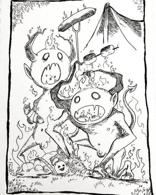 Inktober day 3 - Roasted. Some Campfire Elementals, ruining the weekend for everyone! -Nate #inktobe