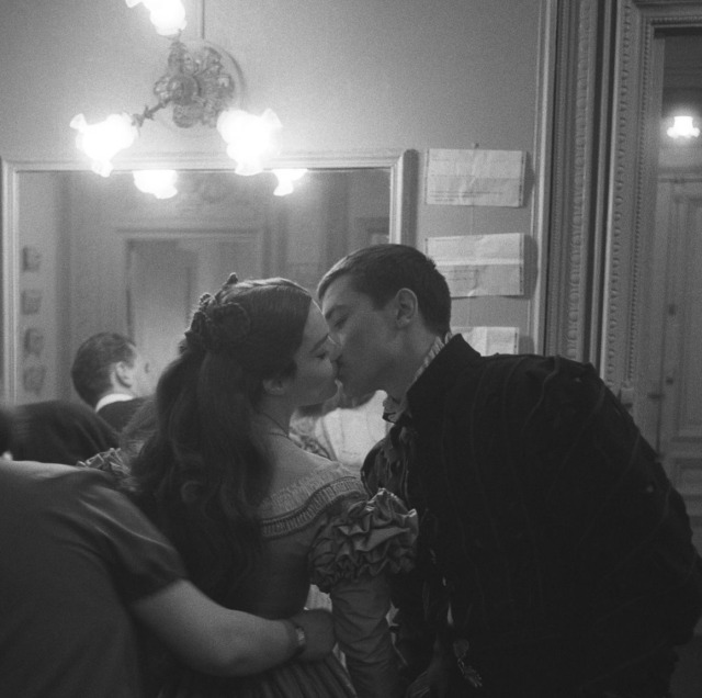 romyandalain:Alain Delon and Romy Schneider kissing in their dressing room, 1961. at the Théâtre de Paris. They were performing the play Tis Pity She’s a Whore  dir. by Luchino Visconti