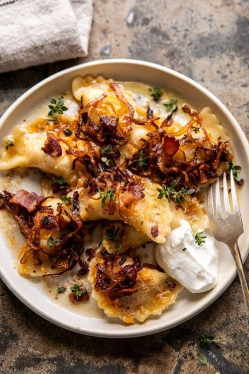 antikristrecipes:  Cheddar Pierogies with Caramelized Onions and Bacon  