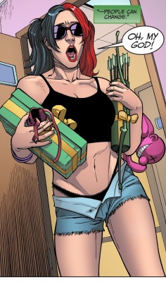 capricious-muse:  Okay but Harley is so fucking considerate, tho? She knows Canary and Arrow are having a baby and that the baby will either be an archer or a screamer and she presents gifts accordingly. 