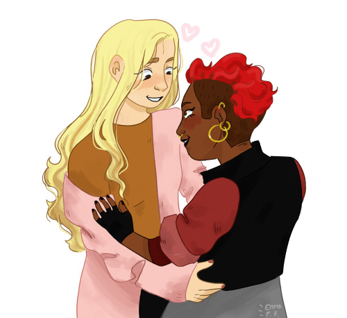 theatricuddles:spicybreadjuice:just gals being pals [ID: Art of Aubrey and Dani holding each other. 