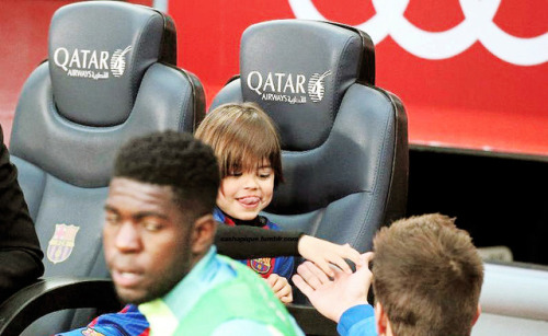 sashapique:Gerard Pique with his son Milan Pique before La Liga match between FC Barcelona and CA Os