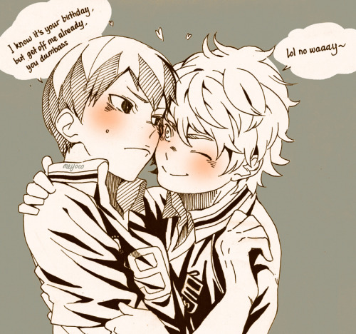meyoco:  It’s Hinata’s birthday and I made Kageyama’s cheek x Hinata’s cheek. _(:3