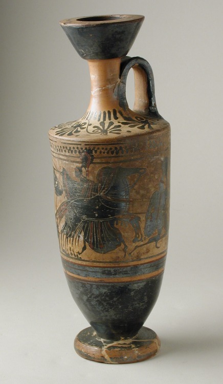 didoofcarthage: Attic black-figure lekythos with Athena fighting giants Athens, Greece, early 5th ce