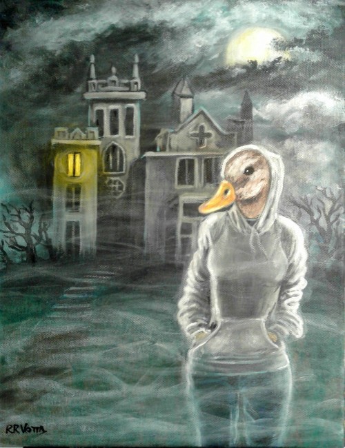 ”Nancy Drew” style book cover mock-up and original acrylic painting of Duck-Girl.