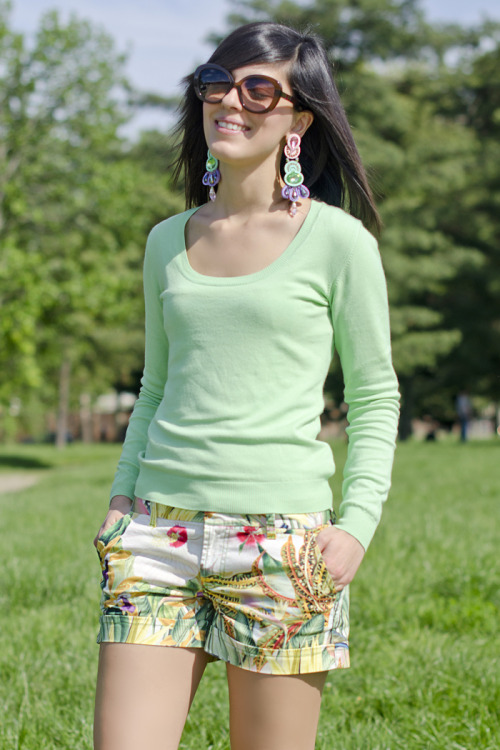 Fashionmylegs Style Picks :Submit Look Pastels: green sweater &amp; tropical shorts. Via Pu