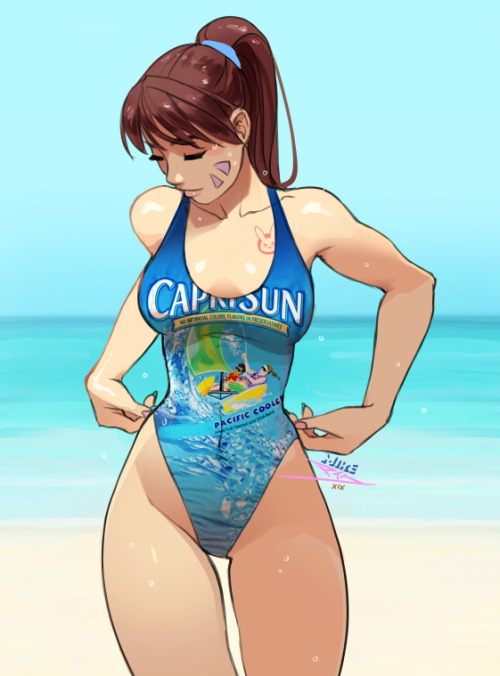 cool down drawing of dva in that capri sun swimsuiit~ patreon . twitter