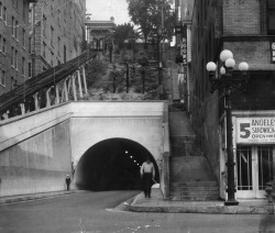 losangelespast:Angels Flight and the 3rd Street Tunnel, downtown Los Angeles, 1934.