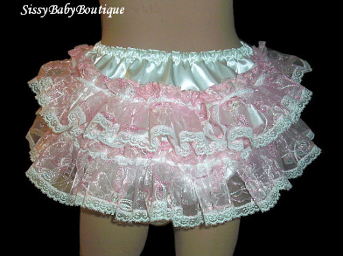 prettyfluffydreams: Adult Sissy Baby Fluffy Organza Panties diaper cover White Satin Pink Embroidere