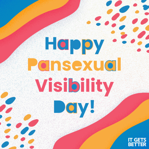 Graphic featuring blue, yellow, and pink swirls and spots, with text in the middle that reads, "Happy Pansexual Visibility Day!"