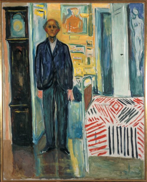 Edvard Munch (Norwegian; 1863–1944)Selvportrett mellom klokken og sengen = Self-Portrait Between the