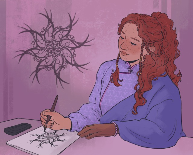 A digital painting of Shallan Davar from The Stormlight Archive sitting at a desk, painting Pattern with ink. She has red curly hair tied half up with braids hanging on either side of her face. She is wearing a light blue patterned havah and a shawl covering her left side. Her left hand is covered with a brown glove. The spren Pattern is on the wall behind her, watching her paint his likeness. 