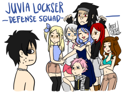 artsy-alice:  The Juvia Lockser Defense SquadNo but imagine when Juvia and Gray finally start dating, and half the guild pull Gray aside to give him the ‘You Break Her Heart We Break Your Life’ talk. I’ve had this lineart for months and only colored