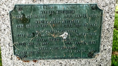 swforester:  The story of the Hitchcock family. Alfred Hitchcock was married to Martha Allen. In 1835 Mary Madelia was born. She didn’t live a year, passing away in January of 1836. In 1840 the twins were born, Henry Dwight and Laura Allen. But Henry