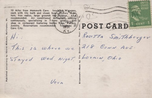 Postcard, Wigwam Village, No. 2, Cave City, Kentucky, 1951.