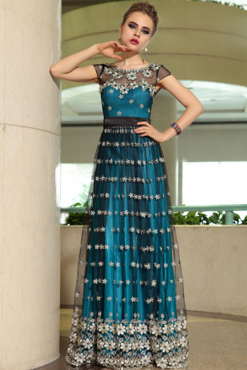 Floral Floor Length Peacock Blue Evening Formal Dress with Black Sheer Net Overlay