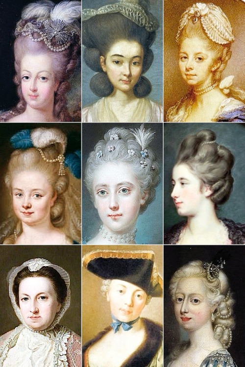 thevintagethimble:  18th Century Woman’s HairstylesA collection of 18th Century paintings from France & England, depicting some of the hairstyles of the time, among them the tête de mouton (or “sheep’s head”), the pouf & the hérisson