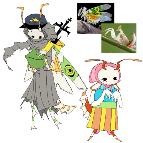 Artwork of Peregrine mendicant as a Spiny flower mantis, and Miss Paint as an Orchid mantis. Above them are references of the real bugs.
