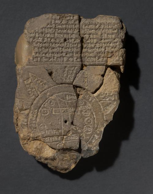 worldhistoryfacts:Late Babylonian tablet showing an early map of the world. In the drawing, the know