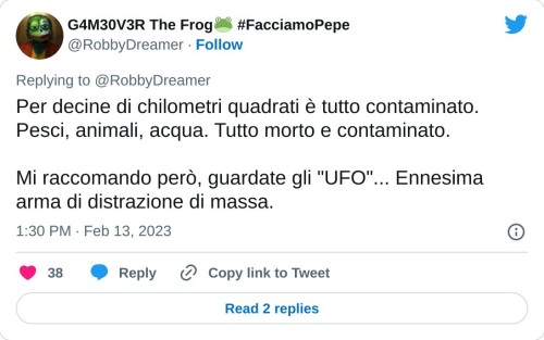 Per decine di chilometri quadrati è tutto contaminato. Pesci, animali, acqua. Tutto morto e contaminato.   Mi raccomando però, guardate gli "UFO"... Ennesima arma di distrazione di massa.  — G4M30V3R The Frog🐸 #FacciamoPepe (@RobbyDreamer) February 13, 2023