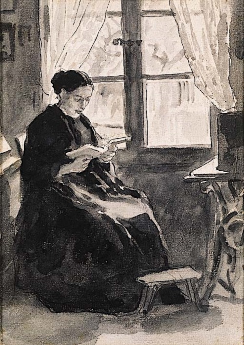 Reading Woman. Albert Anker (Swiss, 1831-1910). Watercolor and ink on paper.Soon after returning to 