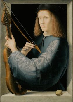 history-of-fashion: ab. 1510-1520 Italian, artist unknown - Portrait of a Young Man Holding a Lira da braccio   (Private collection)   