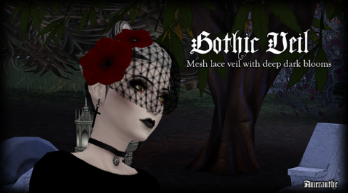 ameranthe: Gothic Veil A mesh lace veil accented by deep dark blooms. The veil appears slightly blur