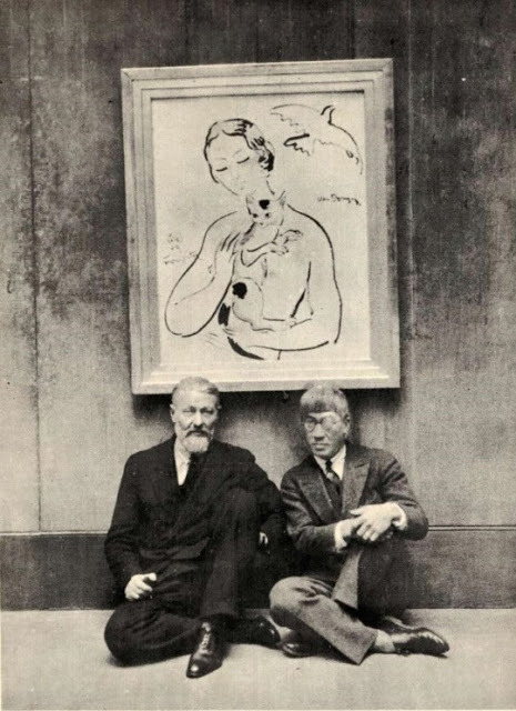 Kees van Dongen and Tsuguharu Foujita  In front of their painting, Woman Holding a Cat, 1929