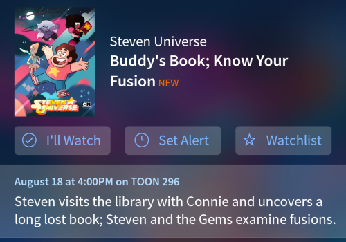 Listing and description for “Buddy’s Book” on the TV Guide app. It also has an official description for “Know Your Fusion” (the premiere listing for that episode has no description).  Buddy’s Book: Steven visits the