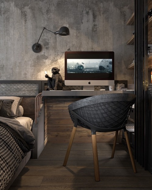 Beautifully outfitted industrial bedroom workspace.  Interior design at its finest.