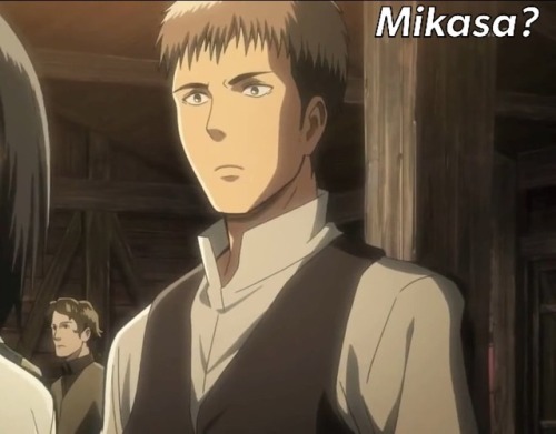 willow-mariah:I couldn’t sleep last night and was staying up super late. Then I thought about Jean mistaking Mikasa for Eren after I saw Eren’s long hair in chapter 97. I then cracked myself up imagining Jean in season 1 and thinking of photoshopping