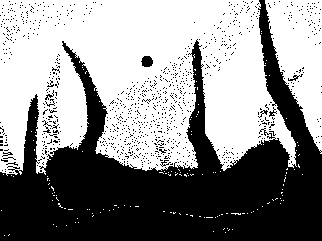 dithered monochrome drawing. large black spikes protude from the ground, twisted. a large shape lies in the ground. there's a black moon in the sky.