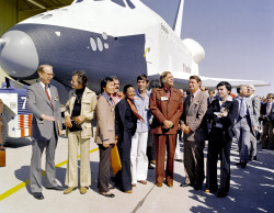 science70:  Members of the cast and the creator of Star Trek attend the rollout of the space shuttle prototype Enterprise, Air Force Plant 42, Palmdale, California, 1976. From left, NASA administrator James Fletcher, DeForest Kelley, George Takei, James