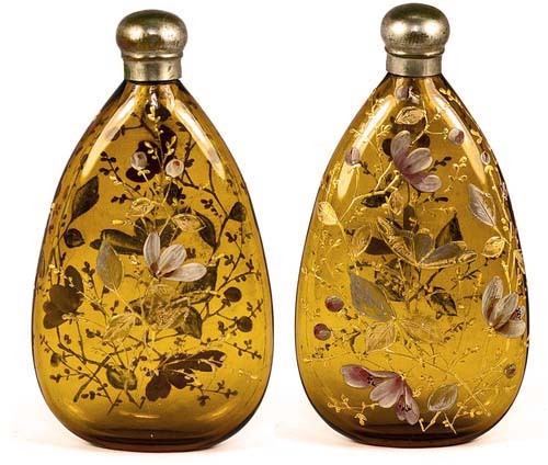 chrysaoraelectrum: Victorian enamel amber glass pocket flask for whisky, 1850-80.