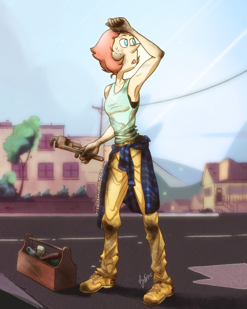 art-of-the-hawk:  Mechanic Pearl au feat. a very flustered Amethyst. Amethyst would no longer hate going to get her car fixed heh. (This is also a Thank You for 600+ followers! :D You are all amazing!) 
