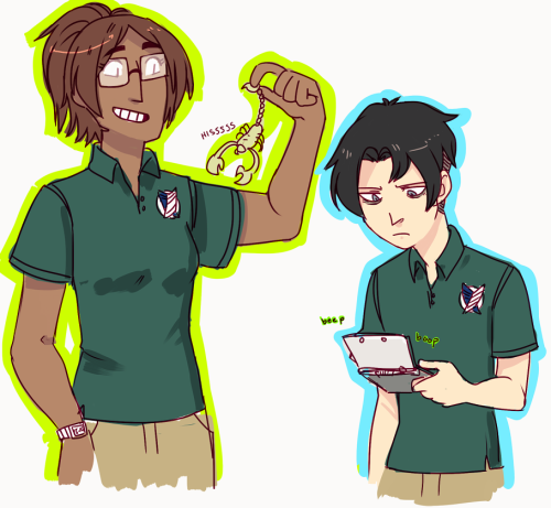 armins-secret-armin-rp-blog:  yshaarj:  levi get off your 3DS goddamn  OH MY GOD IT TOOK SCROLLING PAST THIS 3 TIMES TO REALIZE IT WAS THEM AS SUMMER CAMP COUNSELORS 
