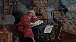 blackpaint20:    An alchemist concentrates on a book in his study, while #Death tells him “My dear Herr Collaborator, you are too hardworking”.  