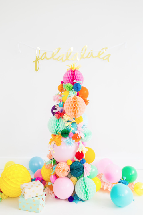 Colourful pom poms and balloons for a playful alternative #Christmas tree by Sugar and Cloth.  Homeb