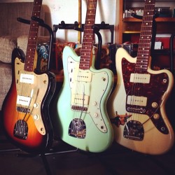 Mmguitarbar:  Three Lovely Jazzmasters Sitting In A Row… #Guitar #Vintage #Fender