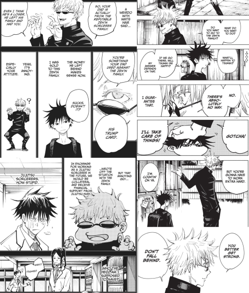 Ch 59 Pgs 8-9 (Megumi's memory of his adoption.)
Ch 79 Pgs 4-6 (Gojo's memory of Megumi's adoption.)
