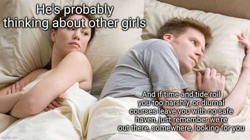 the 'He's probably thinking about other girls' meme format, where a woman in bed looks over her shoulder at a man next to her with his back to her. Above the woman, the text reads, 'He's probably thinking about other girls'. above the man, the text says 'And if time and tide roil you too harshly, or diurnal courses leave you with no safe haven, just remember we're out there, somewhere, looking for you.'