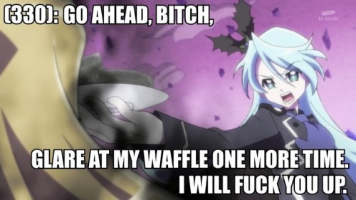 [Image - Julio angrily shoving a plate full of blackened waffles into Ciel’s face.][Text - (33