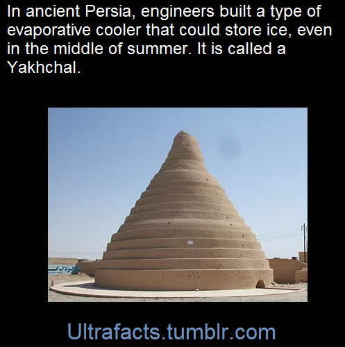 ultrafacts:    Yakhchāl is an ancient type of evaporative cooler. Above ground, the structure had a domed shape, but had a subterranean storage space; it was often used to store ice, but sometimes was used to store food as well. The subterranean space