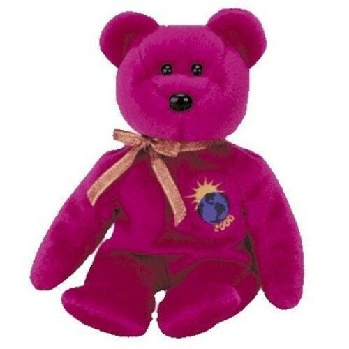 a reddish-pink bear plush with a golden ribbon tied in a bow around it's neck and an embroidered image on it's chest. The image is of earth with the sun rising from it's left side and the number 2000 on the underside.