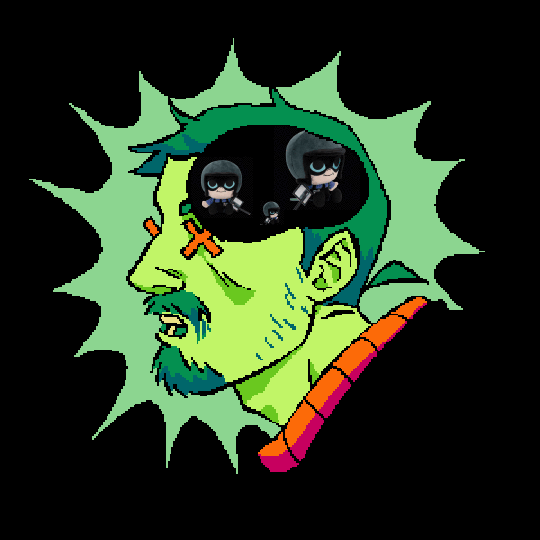 an image of gordon freeman from half life from a side profile. he's stylized with a green color palette, contrasting the orange of the neckline of his HEV suit, and the orange X's for his eyes. there is a green bursting shape behind him. as if an x-ray view, where his brain should be is a gap, where green lightning spreads over multiple copies of the same small GIF of the benrey plush rotating.