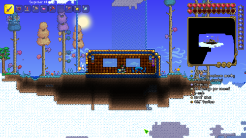 [Image Description: a screenshot of a floating island in Terraria that has been entirely converted i